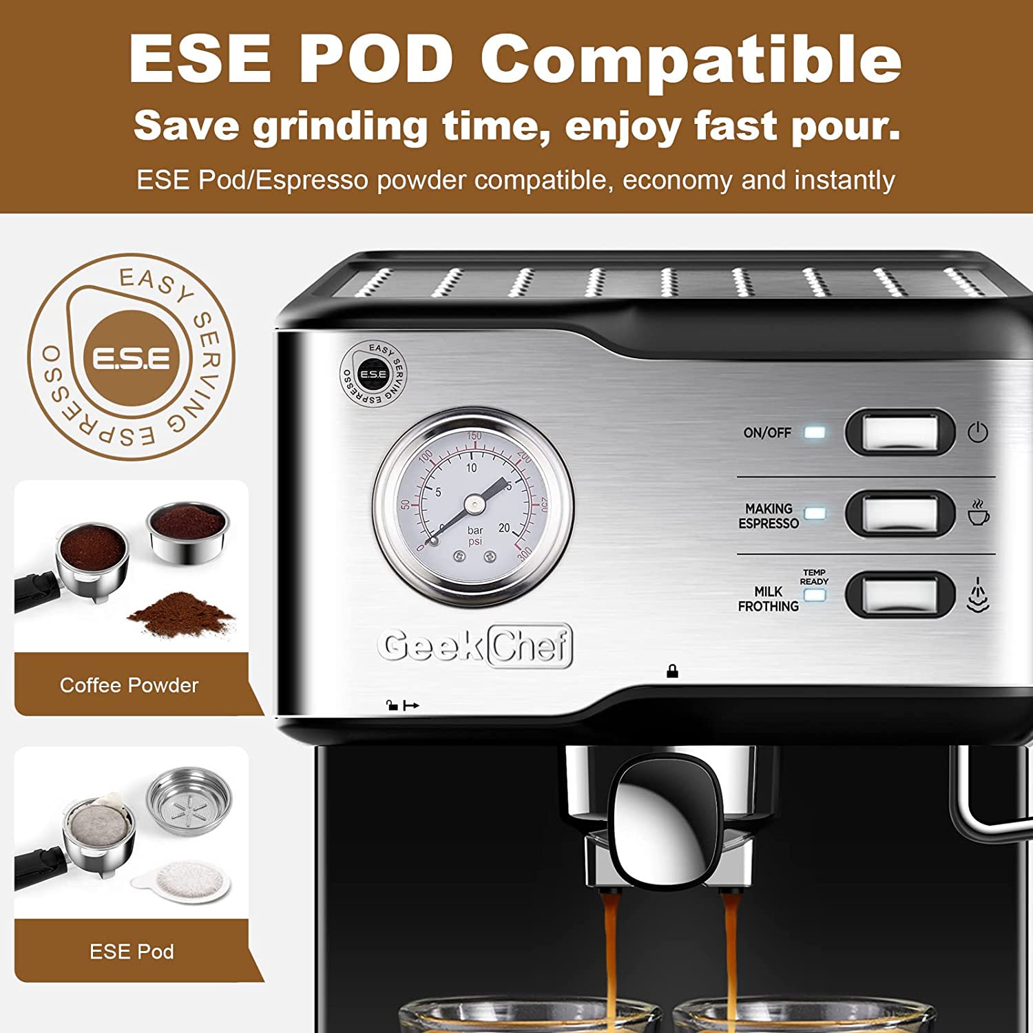 Geek Chef Espresso Machine Coffee Maker. 20 Bar Pump Pressure Espresso & Cappuccino Latte Maker with ESE POD Filter&Milk Frother Steam Wand&Pressure Gauge. 1.5L Water Tank. Stainless steel