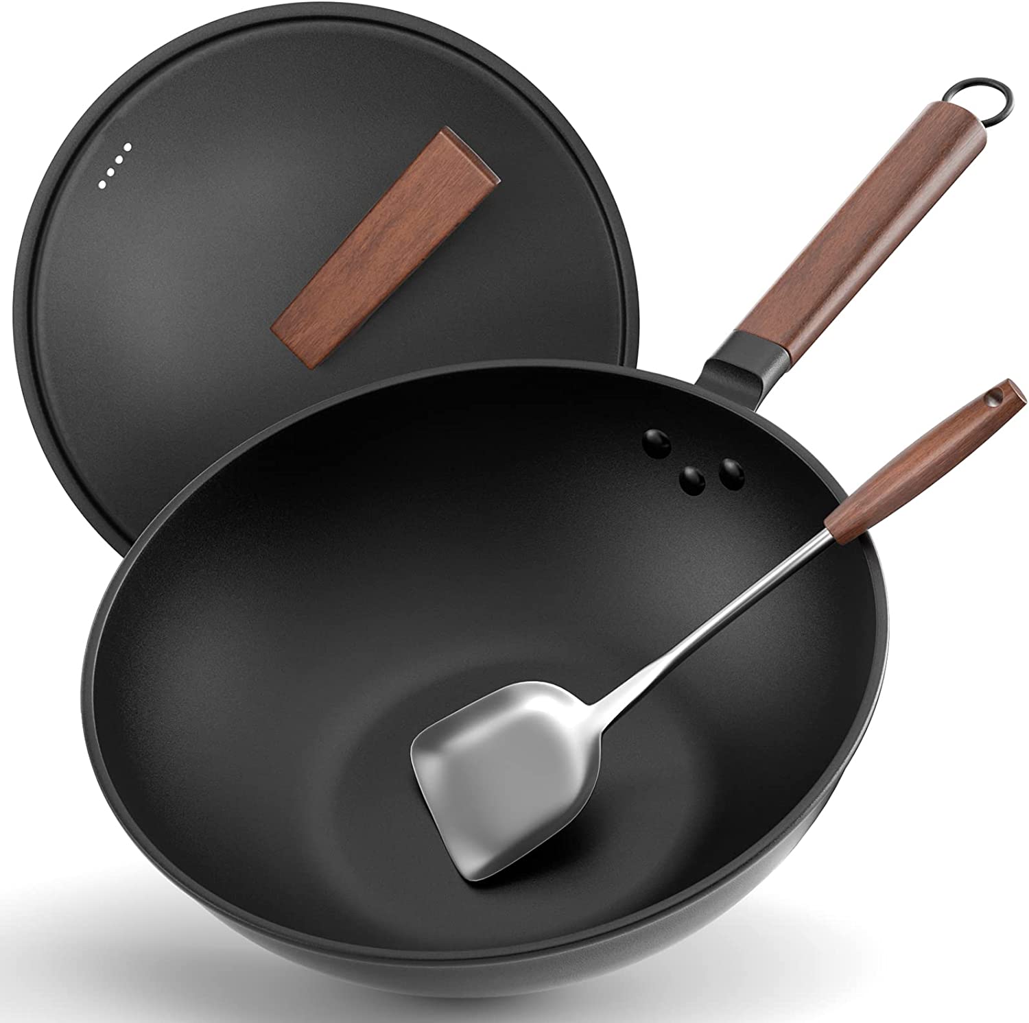 Todlabe Nonstick Wok. 13-Inch Carbon Steel Wok Pan with Lid Woks & Stir-Fry Pans No Chemical Coated Wok with Spatula Flat Bottom Cookware Chinese Wok for Induction. Electric. Gas. Halogen. All Stoves
