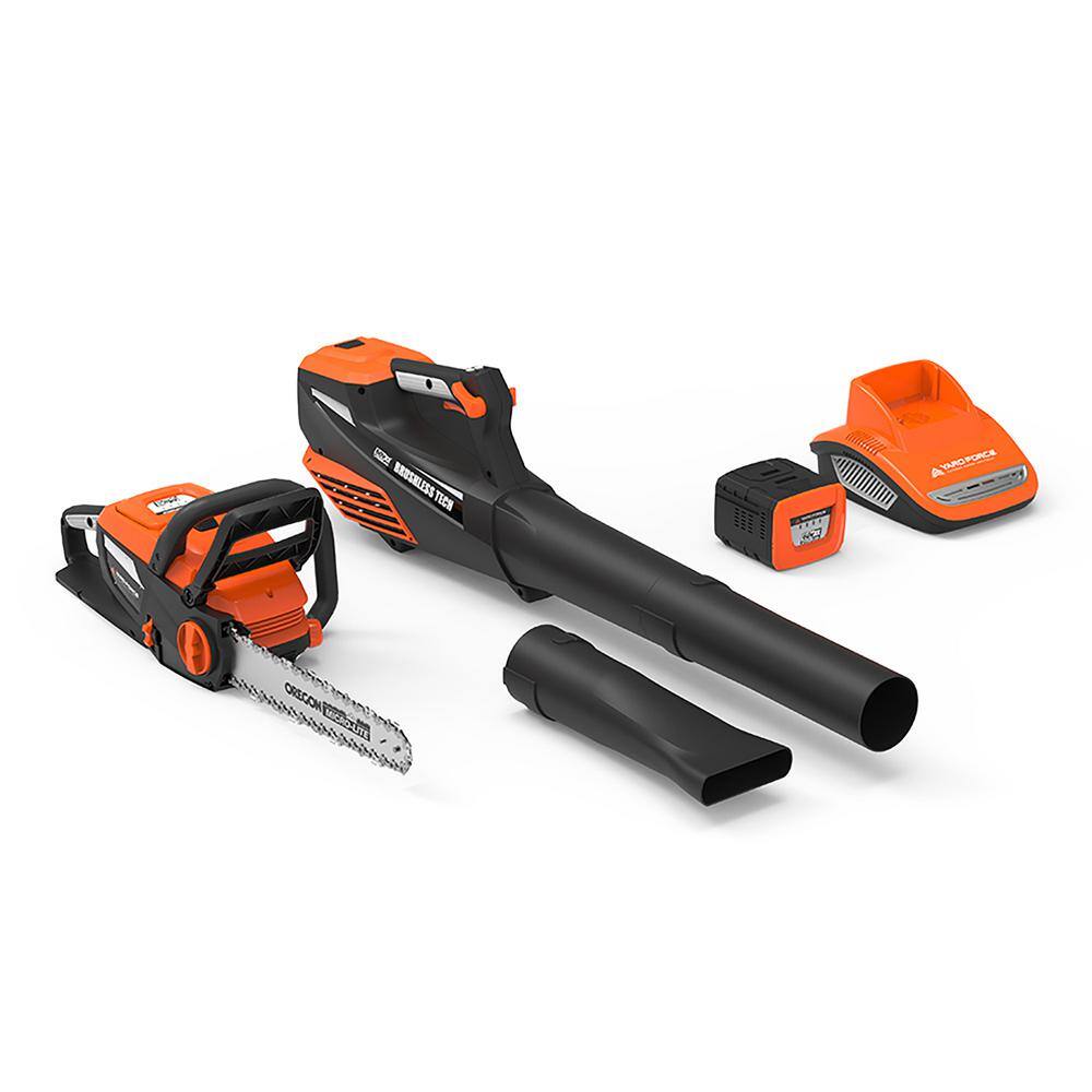 YARD FORCE YF60vRX-HHC7 60-Volt Cordless 2.5 Ah Lithium-Ion Leaf Blower. Chainsaw. Battery and Charger Combo Kit (4-Tool)
