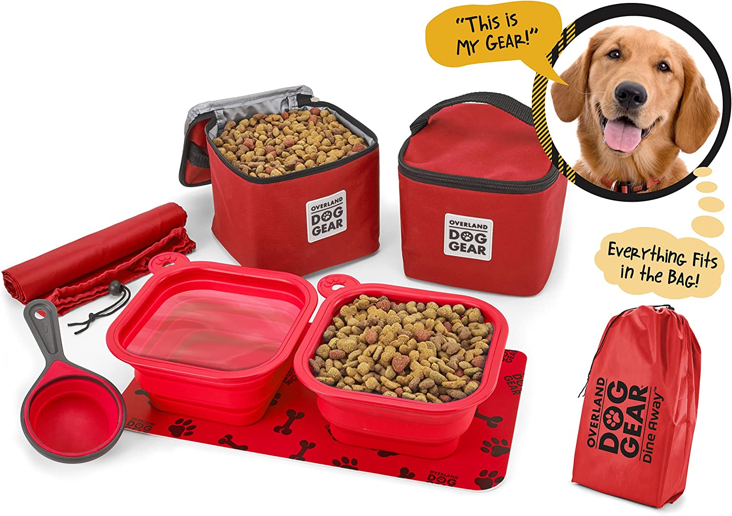 Mobile Dog Gear. Dine Away Dog Travel Bag for Medium and Large Dogs. Includes Lined Food Carriers and 2 Collapsible Dog Bowl. Collapsible Scooper and Placemat. Red
