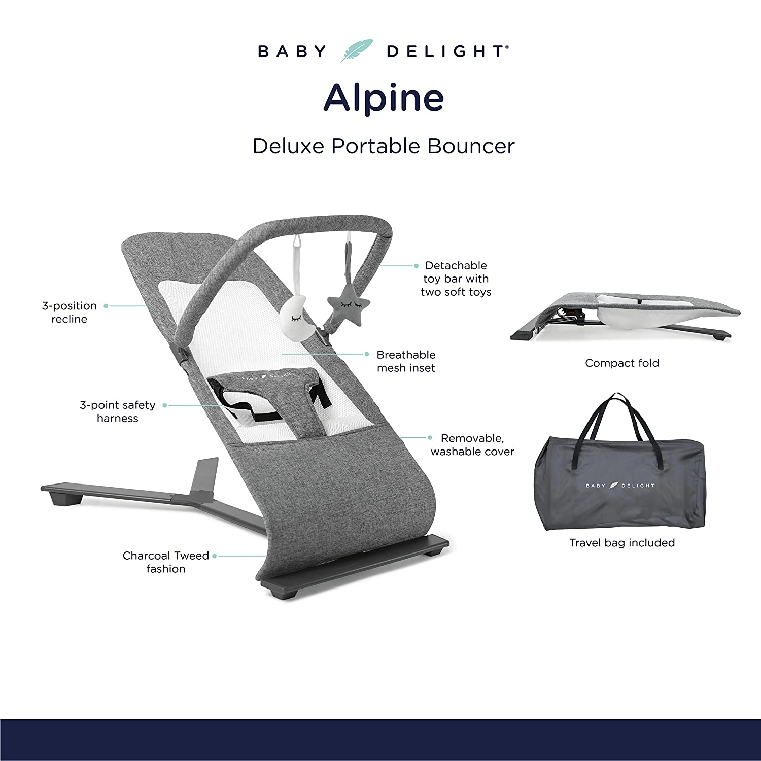 Baby Delight Alpine Deluxe Portable Bouncer. Infant. 0 – 6 months. Charcoal Tweed