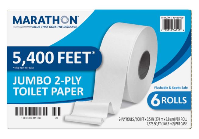 Marathon Jumbo Roll Bath Tissue. 2-Ply. 900 ft Rolls. 6 Roll