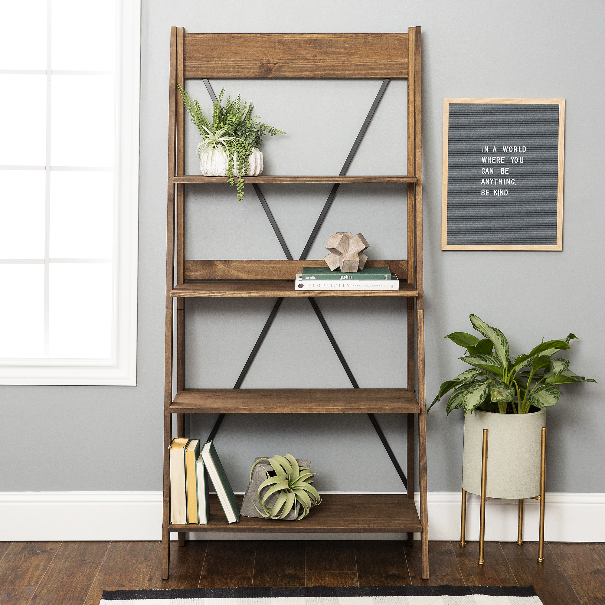 Woven Paths Solid Wood 4-Shelf Ladder Bookshelf- Brown