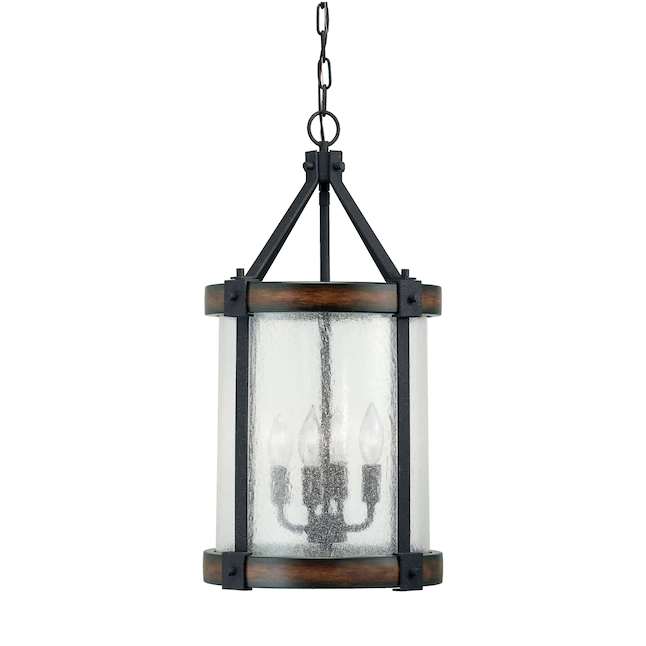 Kichler  Barrington 4-Light Distressed Black and Wood Tone Rustic Seeded Glass Cylinder Pendant Light