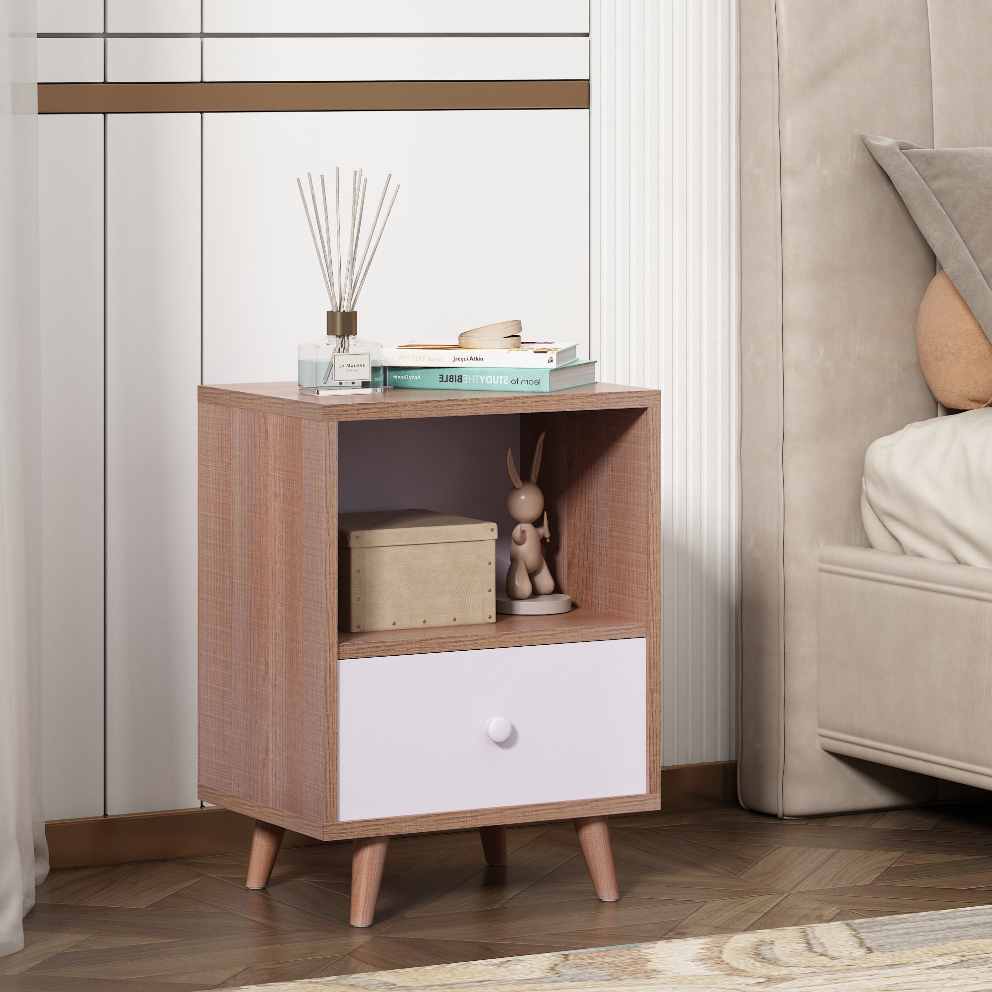 Jaxpety NightStand Bedside Table Furniture Open Storage with Drawer for Bedroom.Living Room.Home