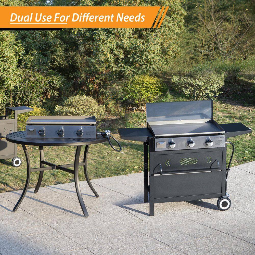 PHI VILLA THD-E02GR020 3-Burner Portable Propane Gas Griddle in Black with Cart and Lid