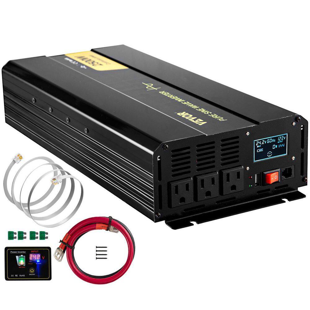 VEVOR  Pure Sine Wave Inverter 2500-Watt Car Power Converter DC 24-Volt to AC 120-Volt with USB Port LCD Display Remote Control