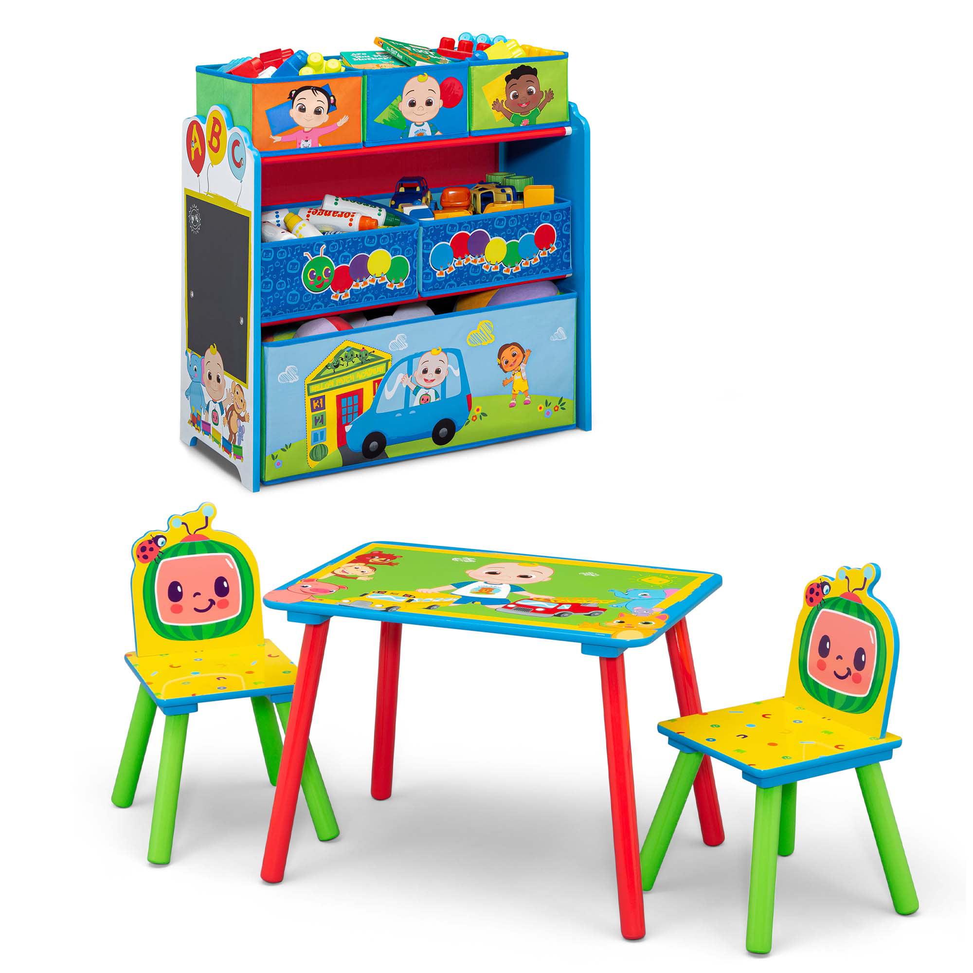 CoComelon 4-Piece Toddler Playroom Set by Delta Children – Includes Play Table with Dry Erase Tabletop and 6 Bin Toy Organizer with Reusable Vinyl Cling Stickers. Blue/Multi