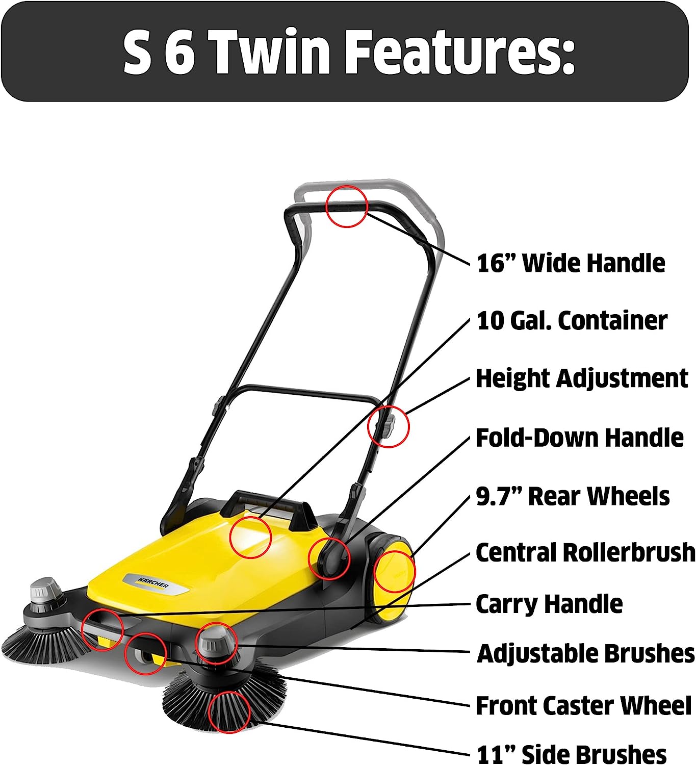 Kärcher - S 6 Twin Walk-Behind Outdoor Hand Push Floor Sweeper - 10 Gallon Capacity - 33.9″ Sweeping Width - Sweeps up to 32.300 Square Feet/Hour