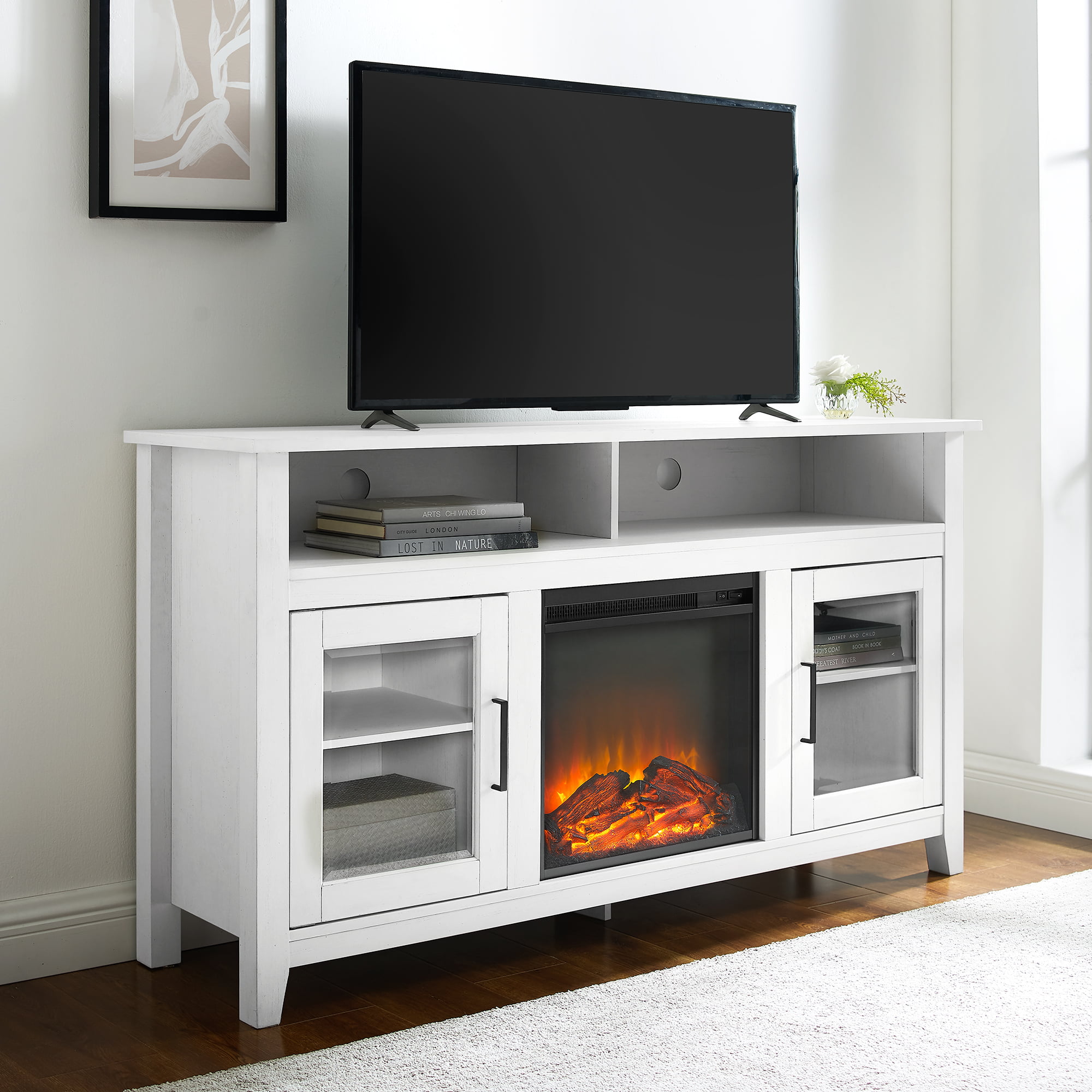 Woven Paths Highboy 2 Door Electric Fireplace TV Stand for TVs up to 65″. Brushed White