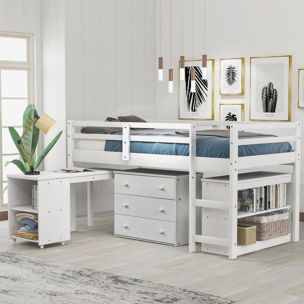 Harper & Bright Designs  White Low Study Twin Loft Bed with Cabinet and Rolling Portable Desk
