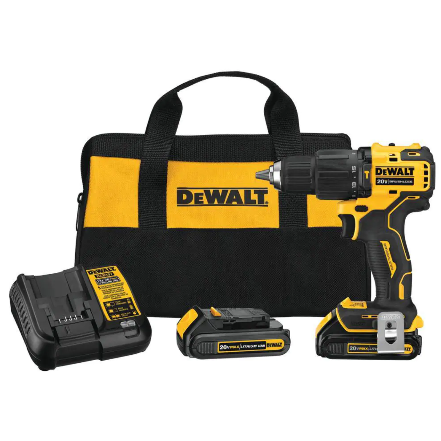 DEWALT DCD709C2 ATOMIC 20V MAX Cordless Brushless Compact 1/2 in. Hammer Drill. (2) 20V 1.3Ah Batteries. Charger. and Bag