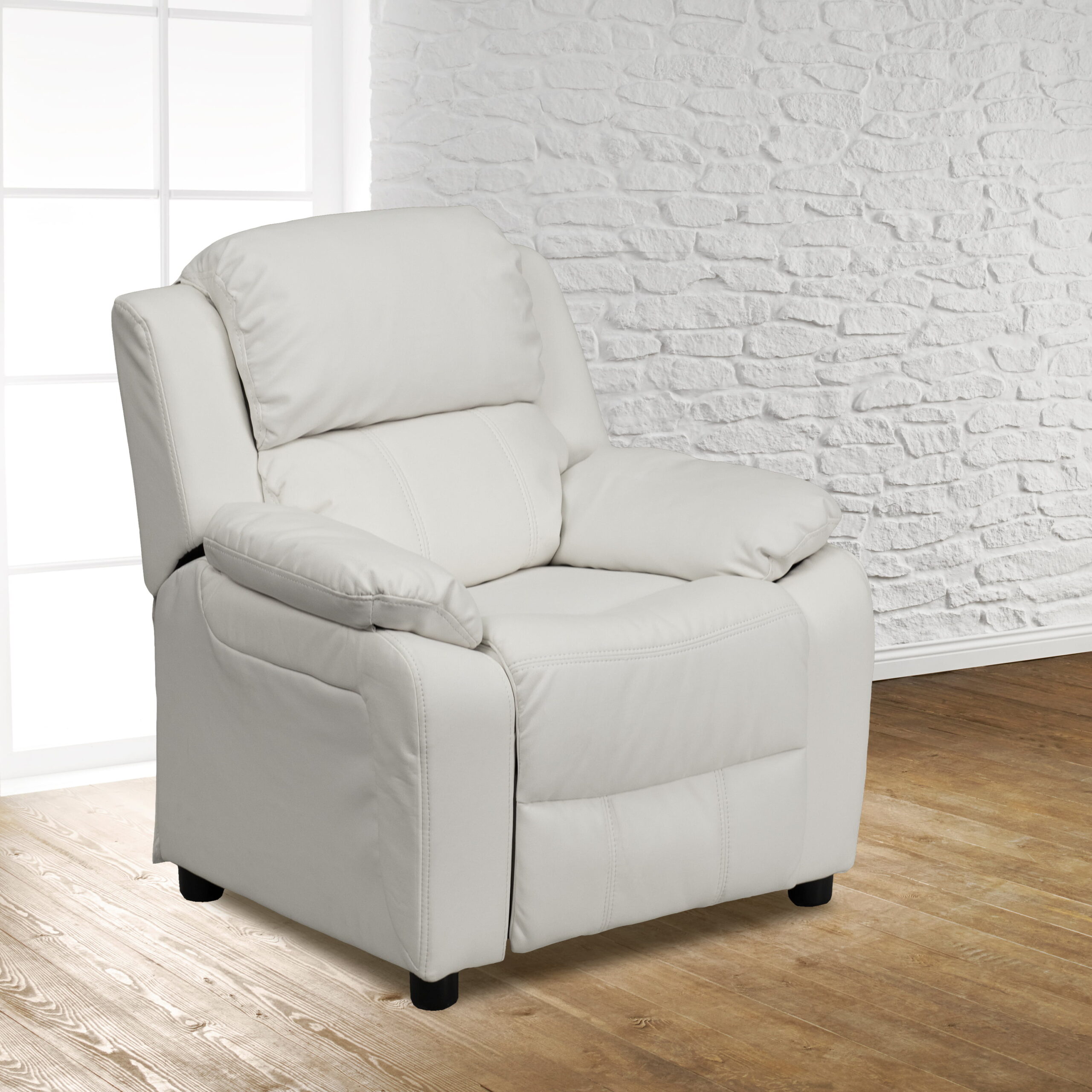 Flash Furniture Deluxe Padded Contemporary White Vinyl Kids Recliner with Storage Arms