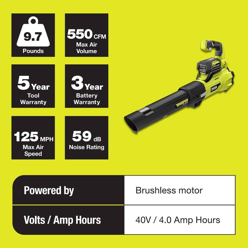 RYOBI RY40470-LB 40V Brushless 125 MPH 550 CFM Cordless Battery Whisper Series Blower and Lawn & Leaf Bag w/ 4.0 Ah Battery & Charger