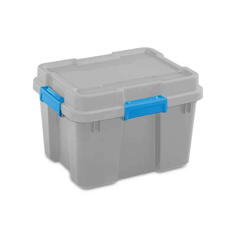 Sterilite 20 Gallon Plastic Home Storage Container Tote Box. Gray/Blue. (4 Pack)