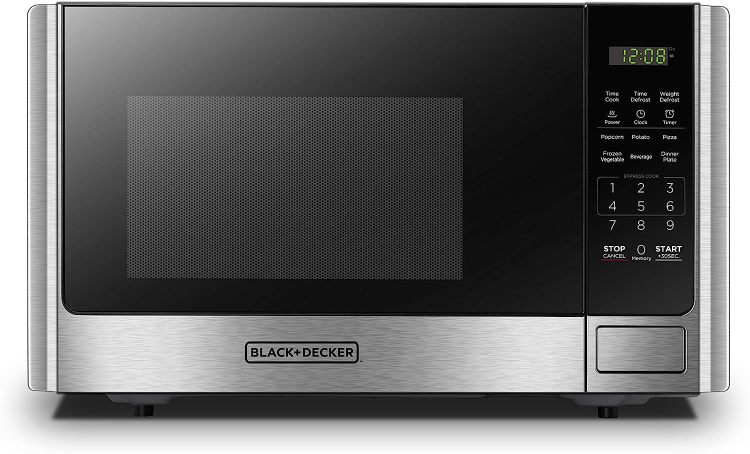 BLACK+DECKER Digital Microwave Oven with Turntable Push-Button Door. Child Safety Lock. Stainless Steel. 0.9 Cu Ft