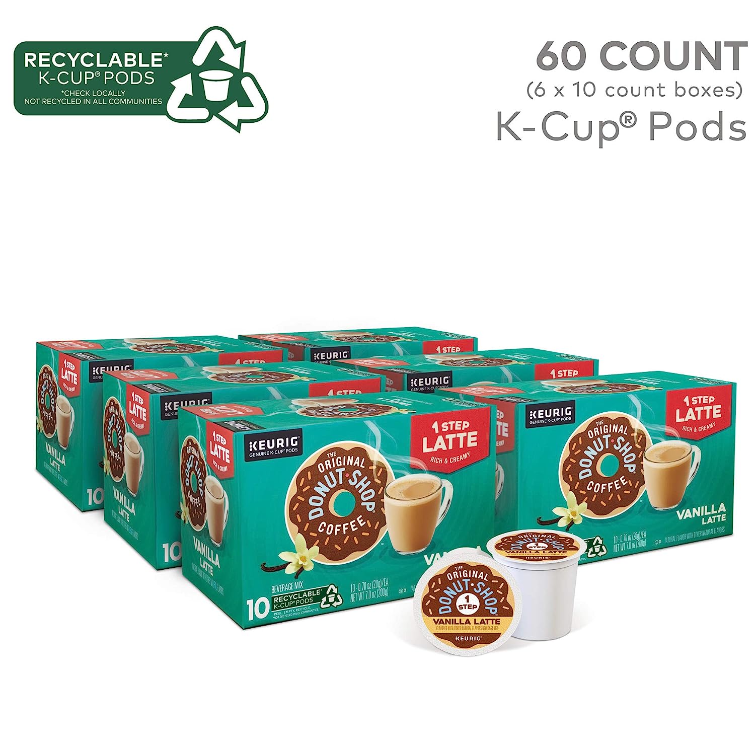 The Original Donut Shop Single-Serve Keurig K-Cup Flavored Coffee Pods. Vanilla Latte. 10 Count (Pack of 6)
