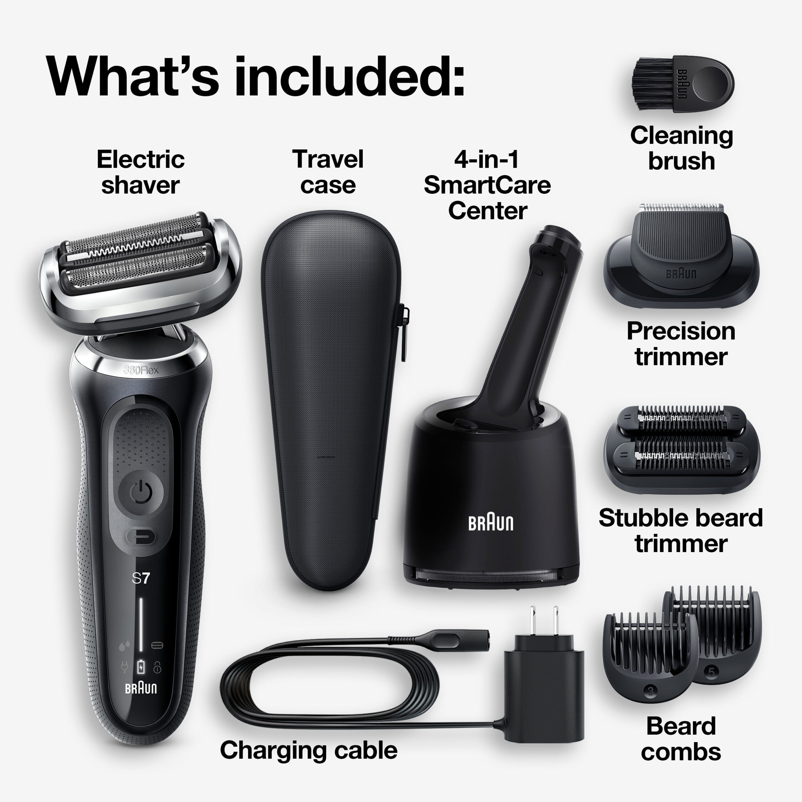 Braun Series 7 7085cc Flex Rechargeable Wet & Dry Men-s Electric Shaver with Clean & Charge Station. Stubble & Beard Trimmer