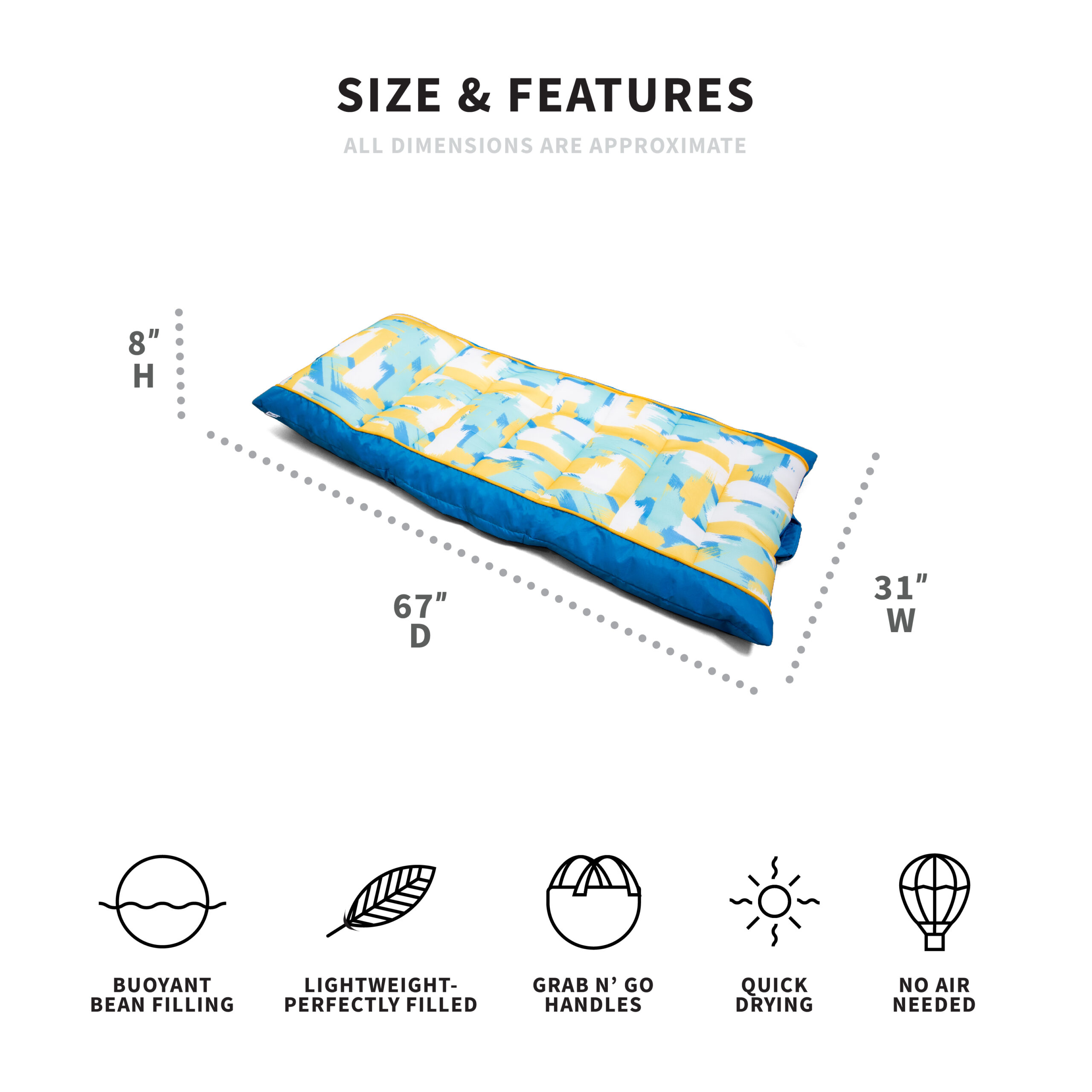 Big Joe Kona No Inflation Needed Pool Lounger with Headrest. Paintbrush Yellow Double Sided Mesh. 5.5ft Big