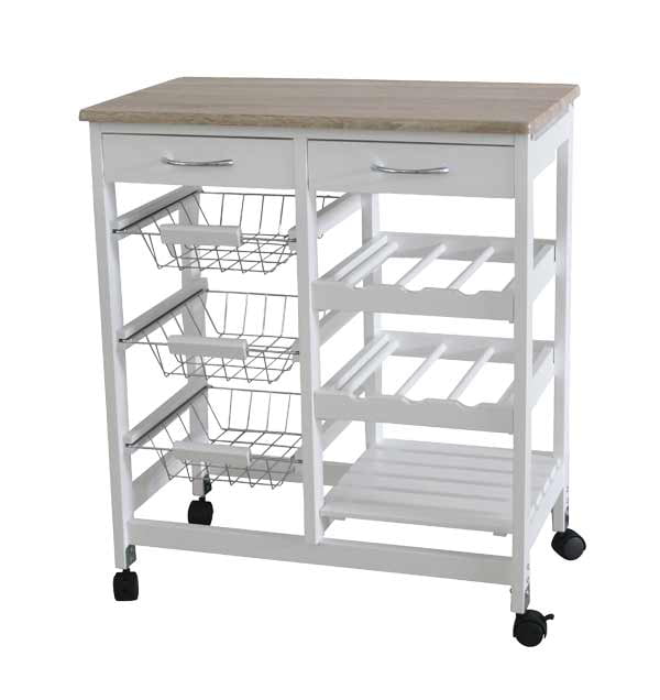 Home Basics Oak Top Rolling Kitchen Trolley with Two Drawers Baskets. White