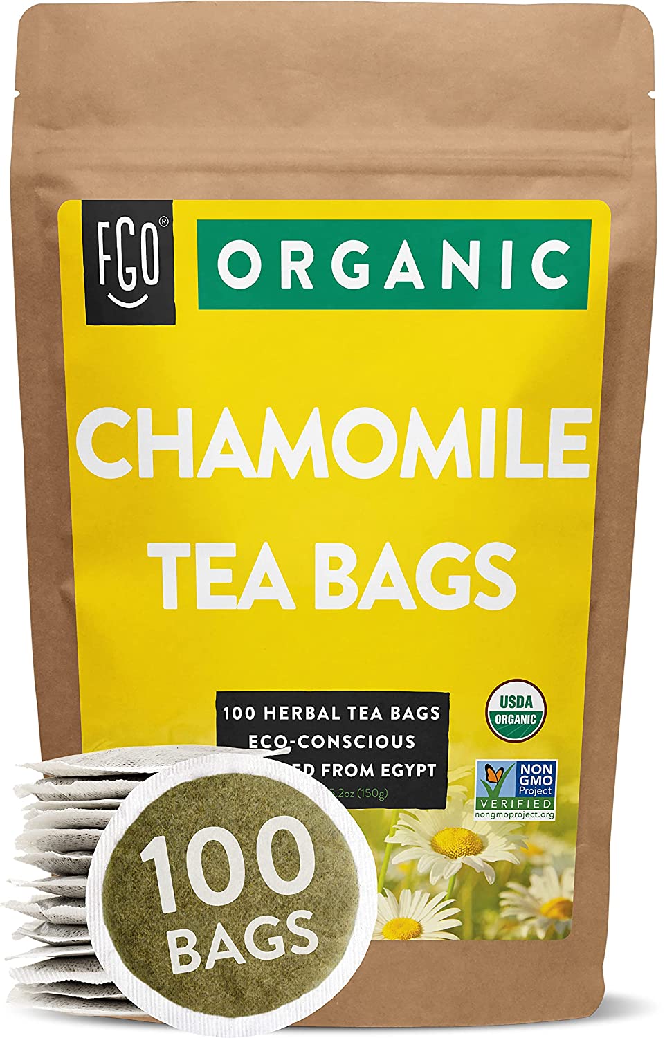 FGO Organic Chamomile Tea Bags 100 Tea Bags. Eco-Conscious Tea Bags in Kraft Bag Raw from Egypt