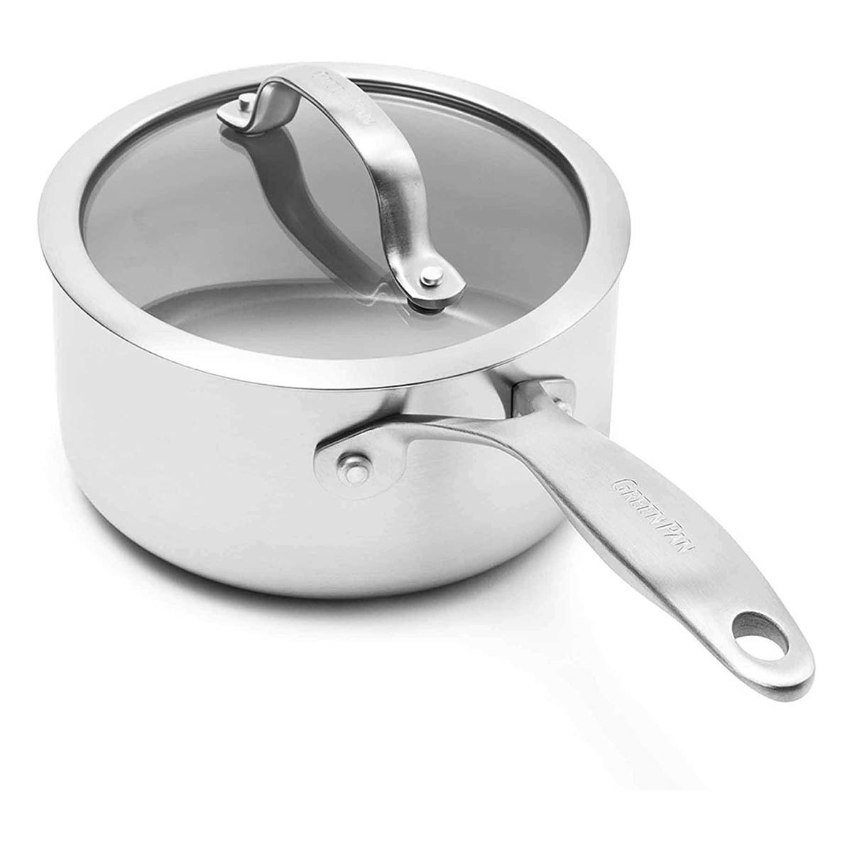 GreenPan Venice Pro Tri-Ply Stainless Steel Healthy Ceramic Nonstick 1.6QT Saucepan Pot with Lid. PFAS-Free. Multi Clad. Induction. Dishwasher Safe. Oven Safe. Silver (CC002241-001)