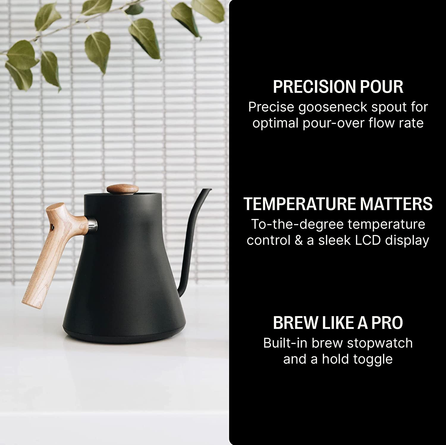 Fellow Stagg EKG Electric Gooseneck Kettle - Pour-Over Coffee and Tea Kettle - Stainless Steel Boiler - Quick Heating Electric Kettles for Boiling Water - Matte Black With Maple Handle