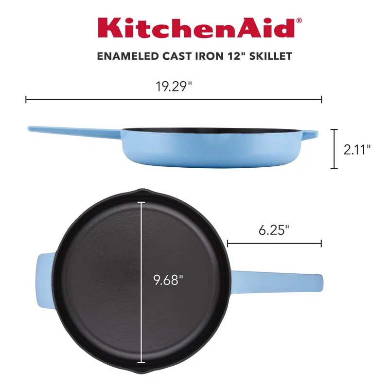 KitchenAid 48532 Enameled Cast Iron Frying Pan/Skillet with Helper Handle and Pour Spouts. 12 Inch. Blue Velvet