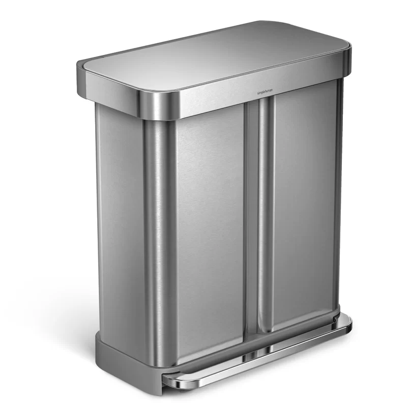simplehuman 58 Liter / 15.3 Gallon Rectangular Hands-Free Dual Compartment Recycling Kitchen Step Trash Can with Soft-Close Lid. Brushed Stainless Steel