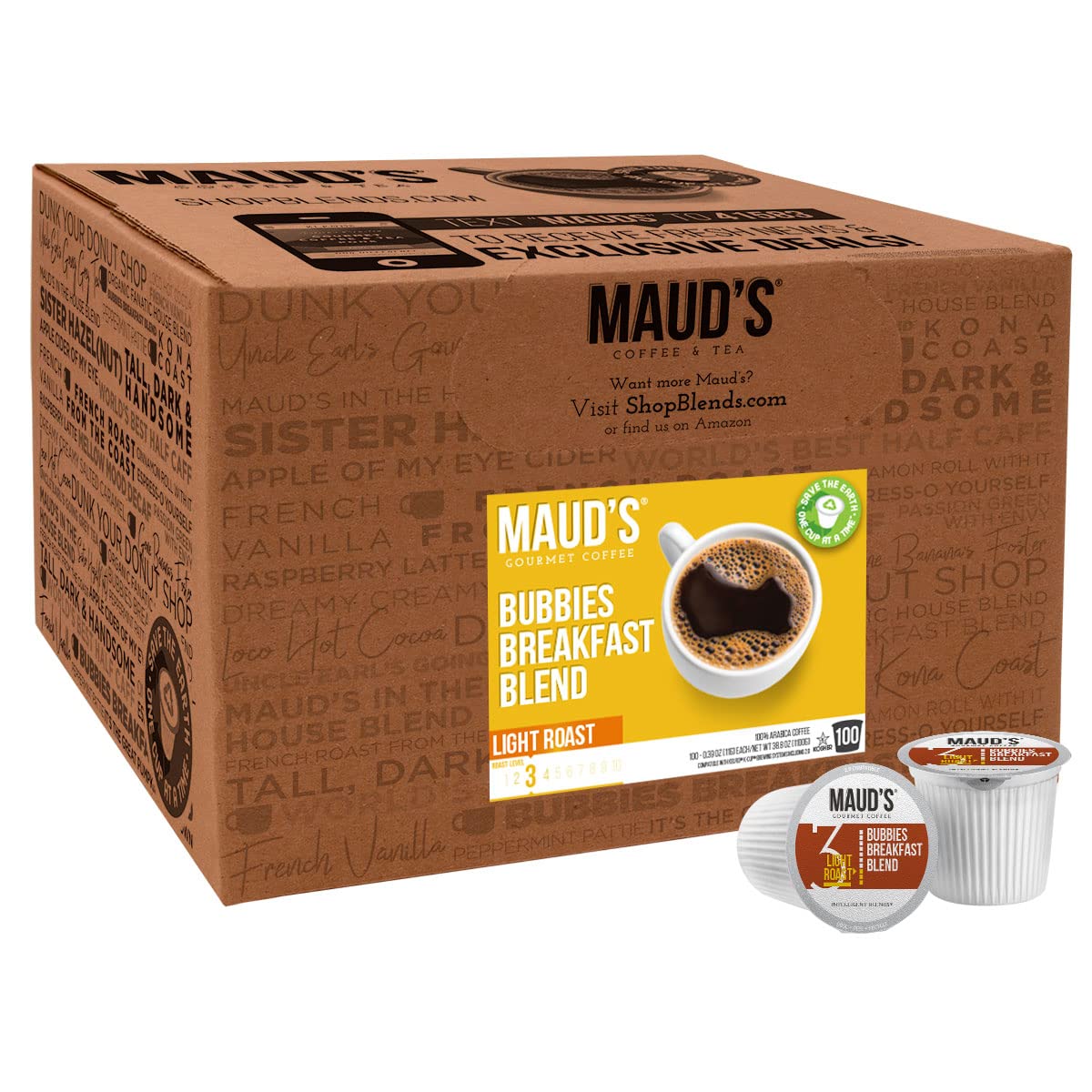 Maud-s Breakfast Blend Coffee. (Bubbies Breakfast Blend). 100ct. Solar Energy Produced Recyclable Single Serve Breakfast Blend Coffee Pods. 100% Arabica Coffee California Roasted. KCup Compatible