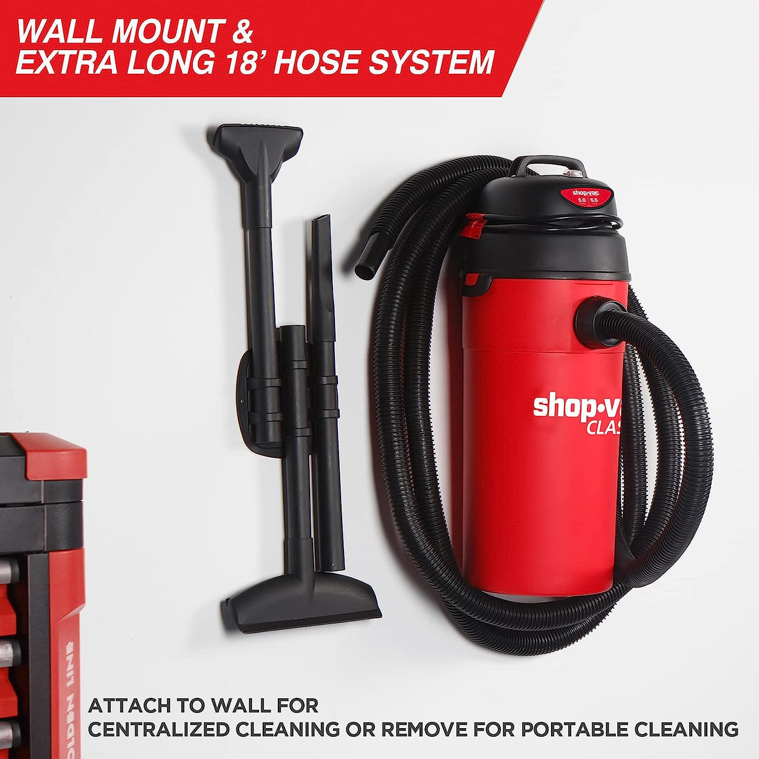 Shop-Vac 5 Gallon 5.5 Peak HP Wet/Dry Vacuum. Wall Mountable Compact Shop Vacuum with 18′ Extra Long Hose & Attachments. Ideal for Jobsite. Garage. Car & Workshop. 9522236