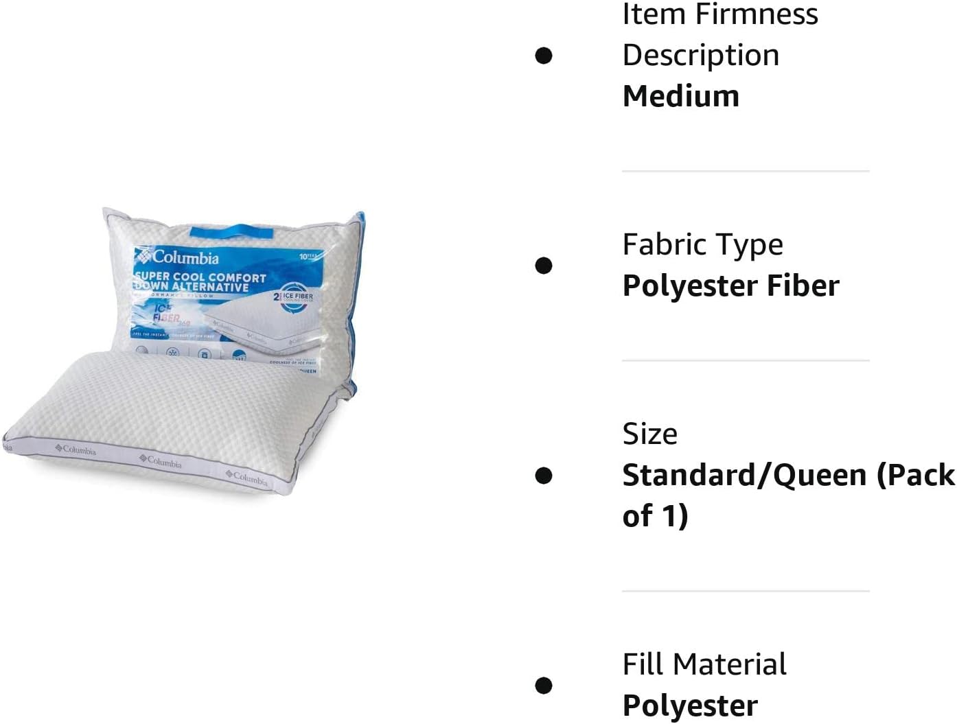 Columbia Comfort Ice Fiber Side Sleeper Down Alternative Bed Pillow - Instant Cooling 2 Sided Ice Fiber Cover - Supportive and Cozy Polyester Fiber Fill - Side Sleeper. Standard/Queen