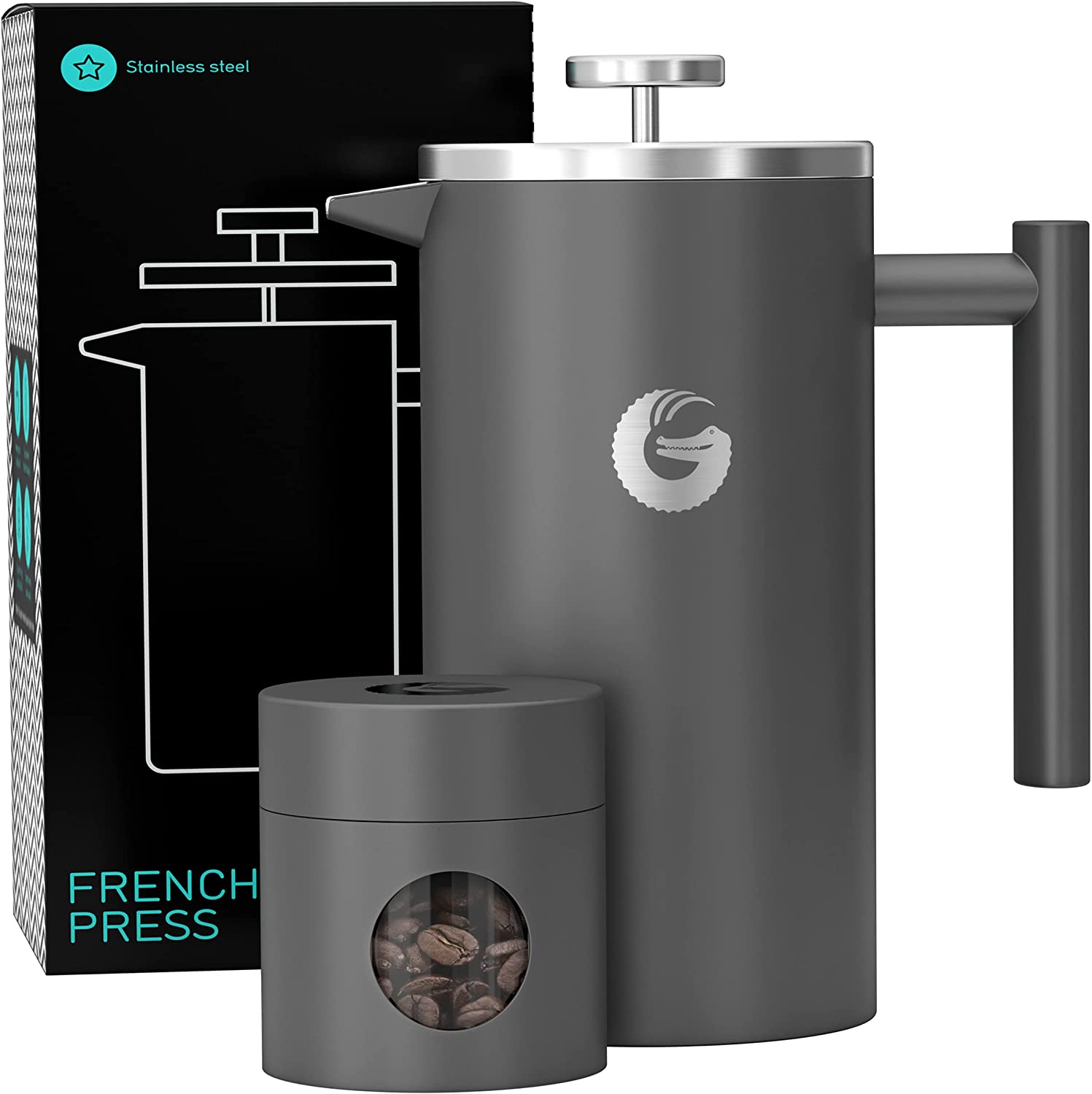 Coffee Gator French Press Coffee Maker- Insulated. Stainless Steel Manual Coffee Makers For Home. Camping w/ Travel Canister- Presses 4 Cup Serving- Large. Gray (34 fl oz)