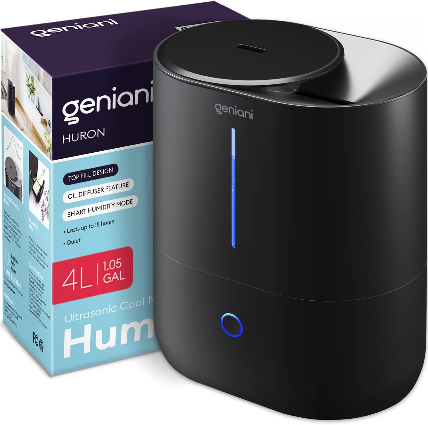 GENIANI 40 Hour Top Fill Cool Mist Humidifiers for Bedroom & Essential Oil Diffuser 4L - Quiet Air Smart Filterless. Ultrasonic Humidifier for Home. Large Room. Small Vaporizer for Plants. Baby. Kids (Black)