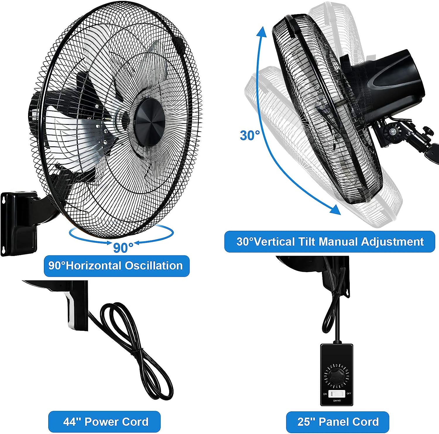 Simple Deluxe 18 Inch Household Commercial Wall Mount Fan 90 Degree Horizontal Oscillation. 5 Speed Settings 1 Pack.Black