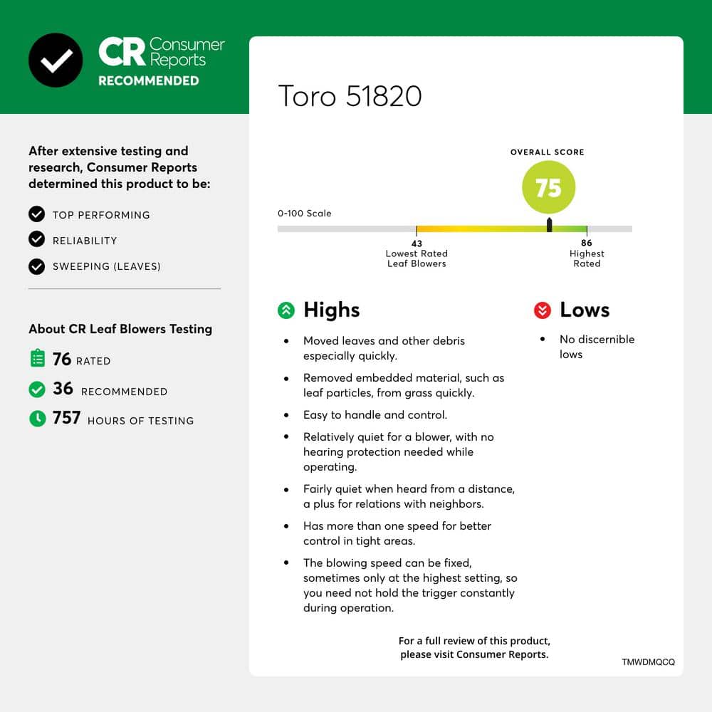 Toro 51820 120 MPH 605 CFM 60-Volt Max Lithium-Ion Brushless Cordless Leaf Blower - 2.5 Ah Battery and Charger Included