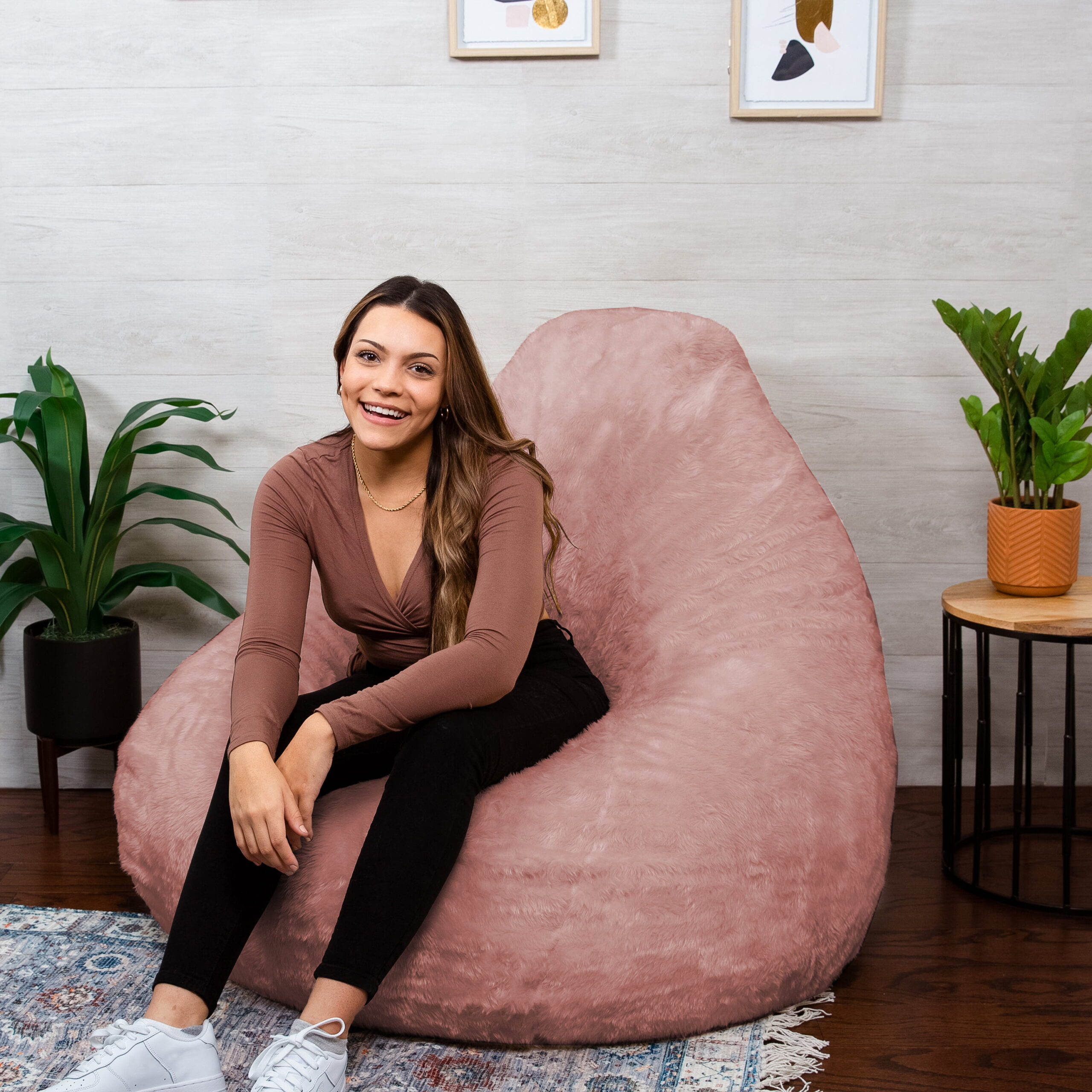 Big Joe Lotus Foam Bean Bag Chair. Short Shag 4ft. Desert Rose