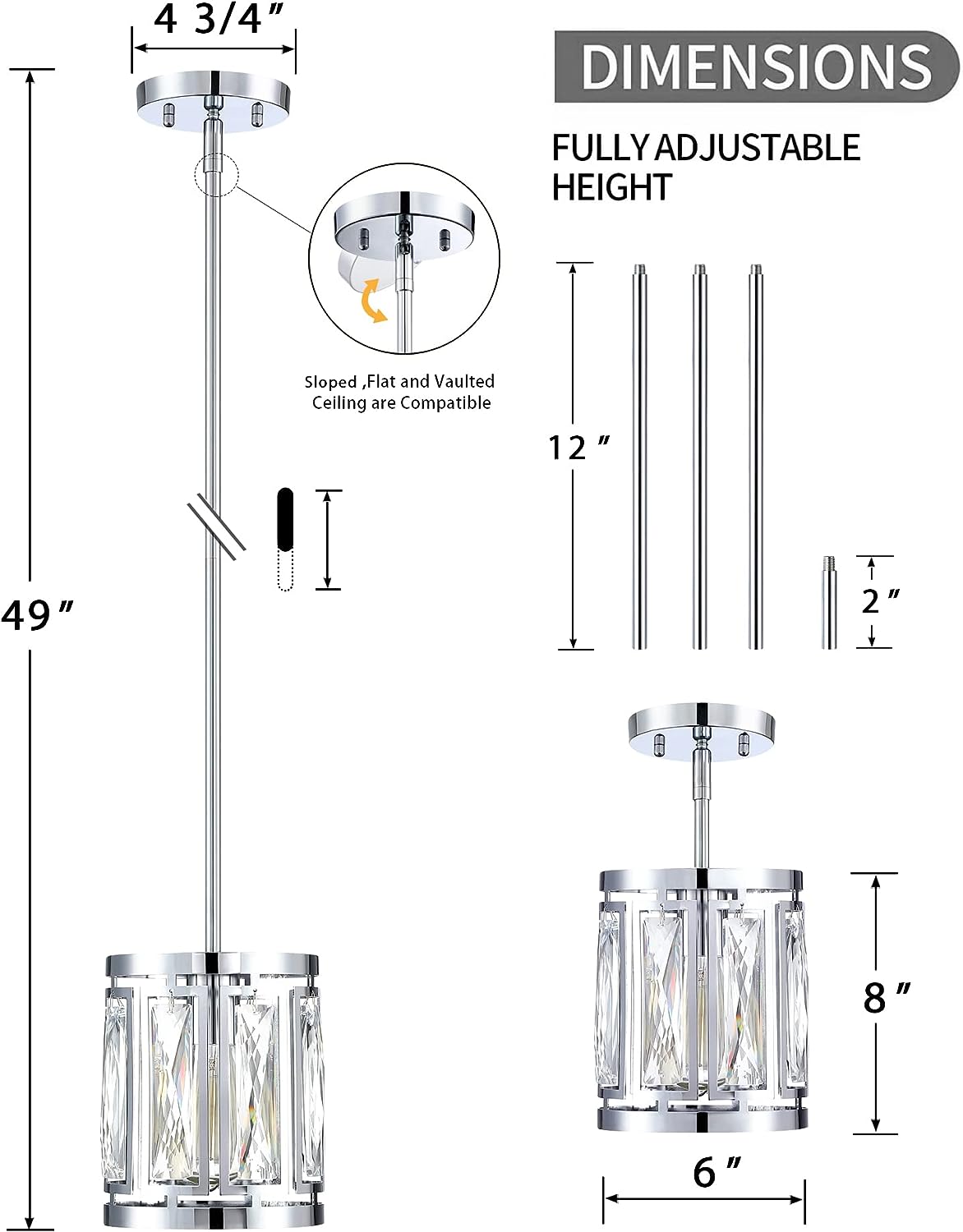 Giiland Crystal Pendant Lighting Fixture Chrome Drum Shade Chandelier.2-Pack Hanging Light for Kitchen Island Living Room