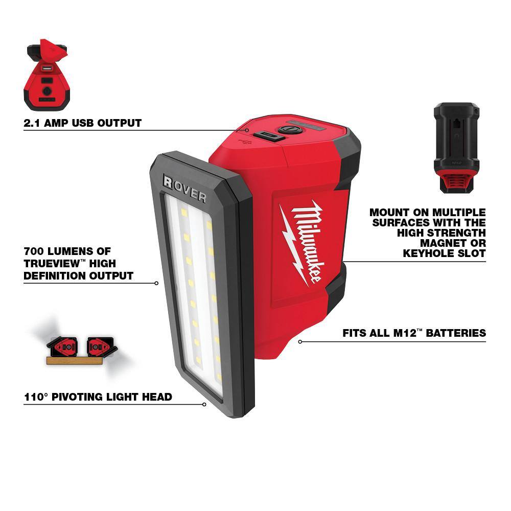 Milwaukee 2367-20-48-11-2420 M12 ROVER 12-Volt Lithium-Ion Service and Repair 700 Lumens Flood Light with USB Charging with 2.0Ah Battery