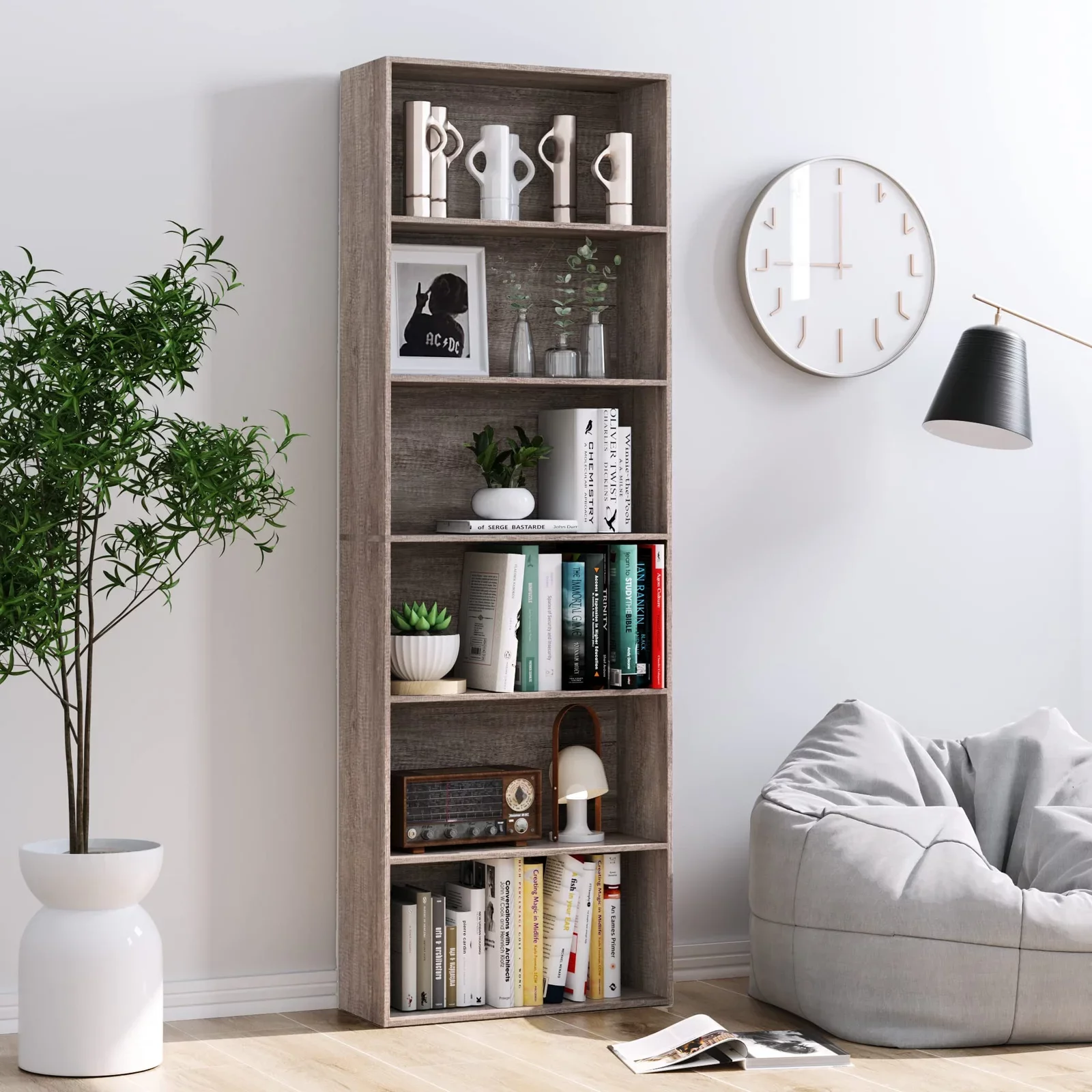 Homfa Standard Bookshelf Bookcase. 6 Tier Tall Bookshelf. Display Shelves Standing Cube Organizer for Living Room. Dark Oak