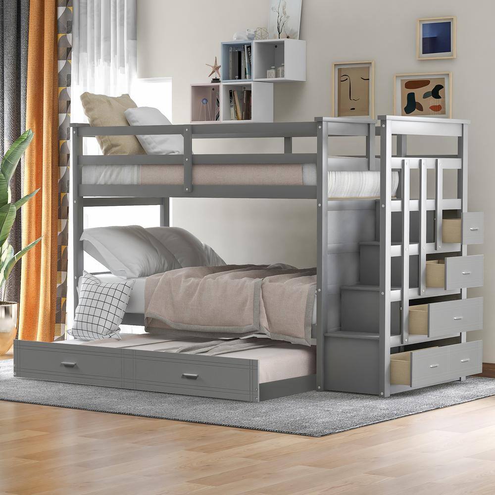 Harper & Bright Designs  Gray Twin Over Twin Wood Bunk Bed with Trundle and Storage Staircase