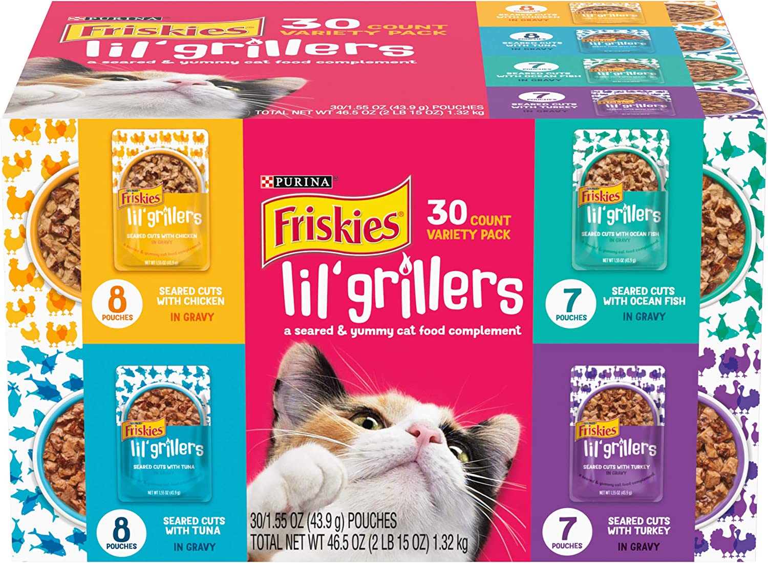 Purina Friskies Gravy Wet Cat Food Complement Variety Pack Lil- Grillers Chicken. Turkey. Ocean Fish & Tuna - (30) 1.55 oz. Pouches