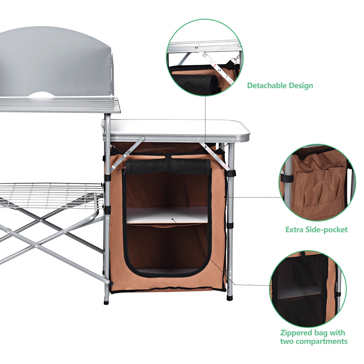 Portable Folding Outdoor BBQ Grilling Table w/Windscreen & Zippered Bag & Carry Bag