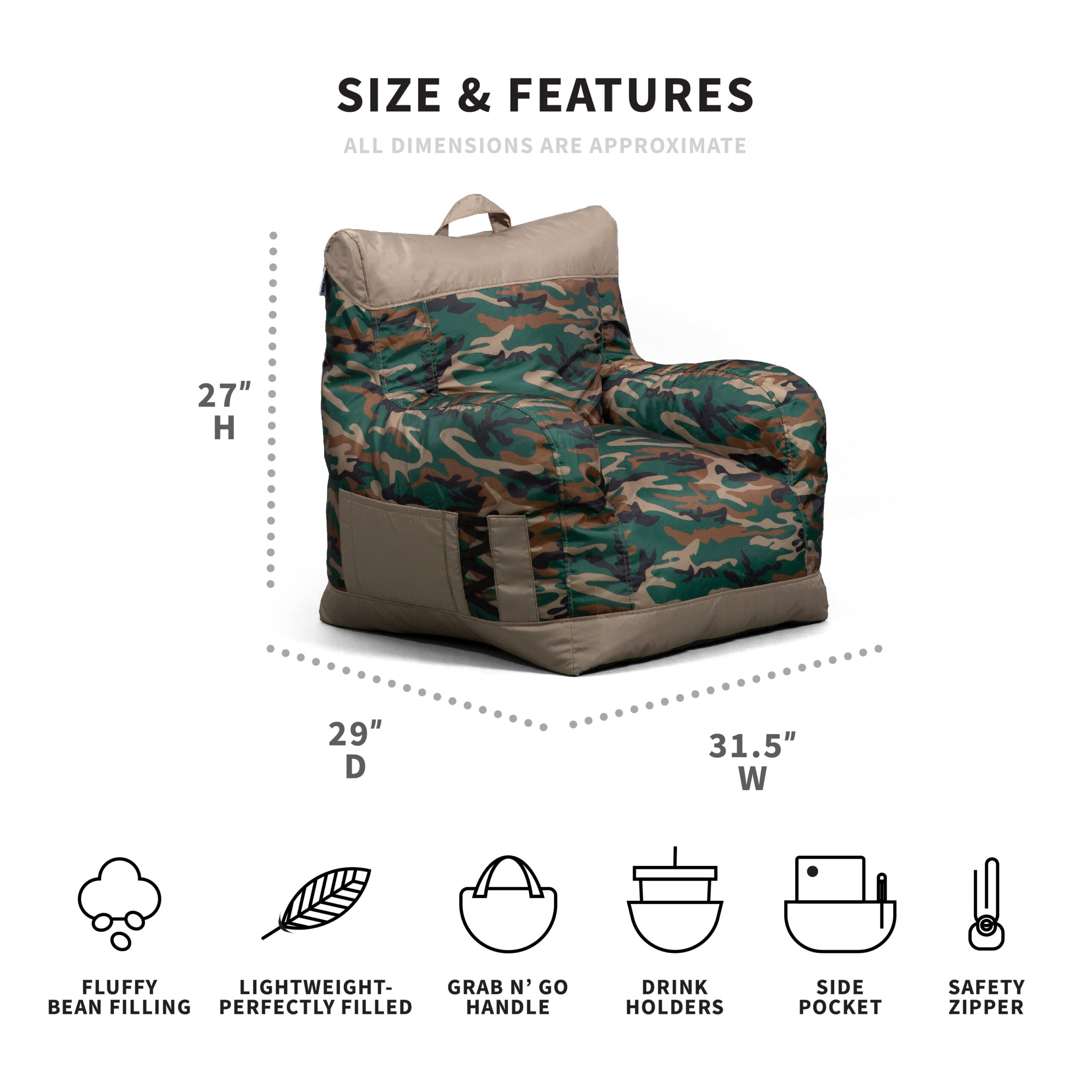 Big Joe Dorm Bean Bag Chair. Kids/Teens. Smartmax 3ft. Camo