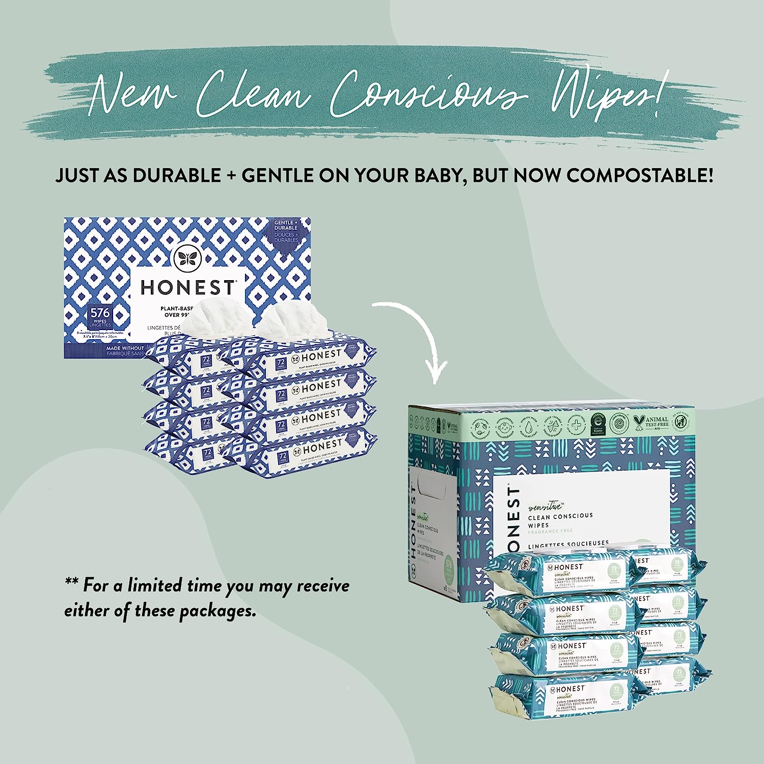 The Honest Company Clean Conscious Wipes | 99% Water. Compostable. Plant-Based. Baby Wipes | Hypoallergenic. EWG Verified | Balance Blues. 576 Count