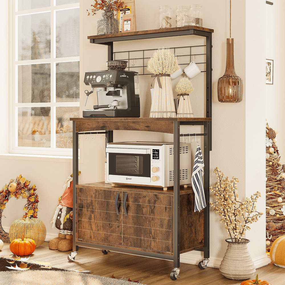 Bestier 3-Tier Kitchen Baker-s Rack Microwave Oven Stand with Storage Cabinet Rustic