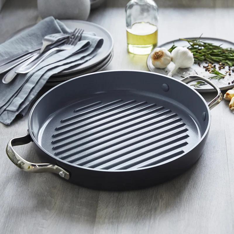 GreenPan Valencia Pro Hard Anodized Healthy Ceramic Nonstick 11″ Grill Pan. PFAS-Free. Induction. Dishwasher Safe. Oven Safe. Gray