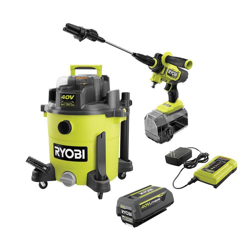 RYOBI RY40WD01K-RY124050VNM 40V 10 Gal. Cordless Wet/Dry Vacuum with 40V HP Brushless EZClean 600 PSI Power Cleaner. 4.0 Ah Battery. and Charger