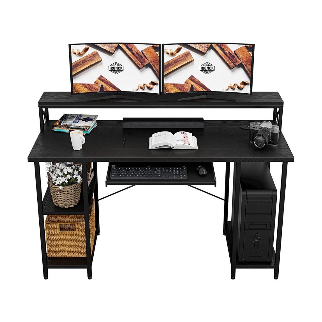 IRONCK Computer Desk 55″ with Keyboard Tray. Modern Industrial Home Office PC Desk Study Writing Table with Monitor Stand Storage Shelf. Black