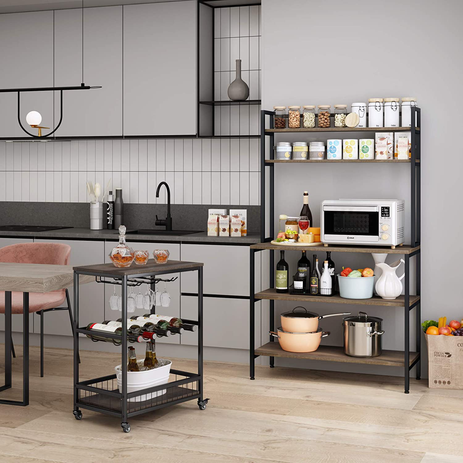 Homfa Bakers Rack. 5 Tier Kitchen Microwave Oven Stand with Hutch. Wood Storage Shelf for Dining Room. Dark Brown